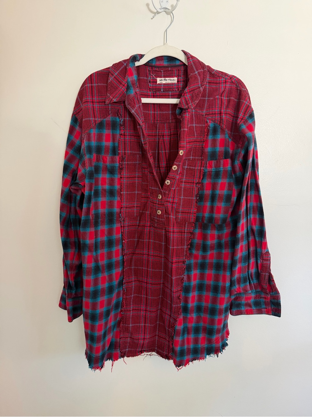 Free People Red and Teal Plaid Button-Down Shirt